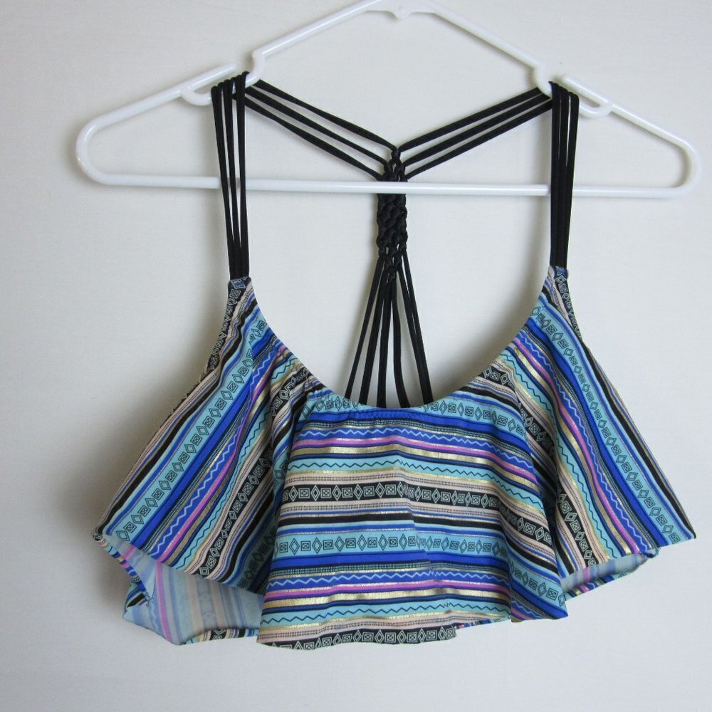 Victoria Secret Bikini Top Blue Black Aztec Racerback Swim Padded Women's Medium